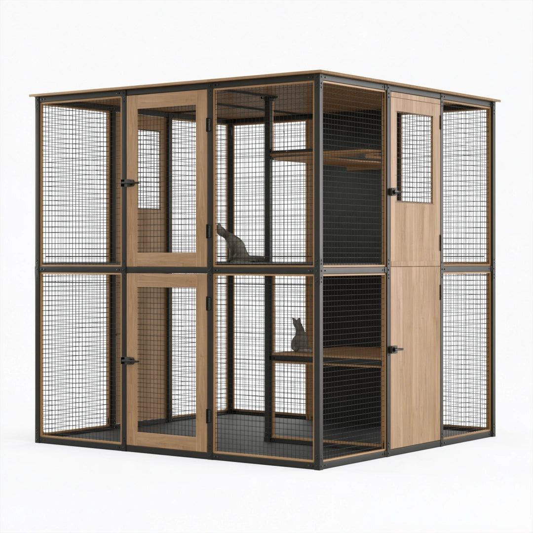 Katzengehege 180 x 90 x 180 cm Holz Schwarz/Natur mit Metallgitter für Innen und Außen