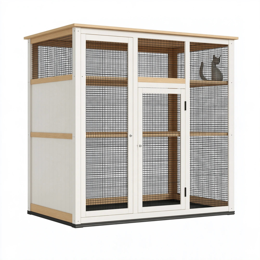 Katzengehege 120 x 60 x 180 cm aus Holz und Metallgitter in Weiß Natur mit Ebenen