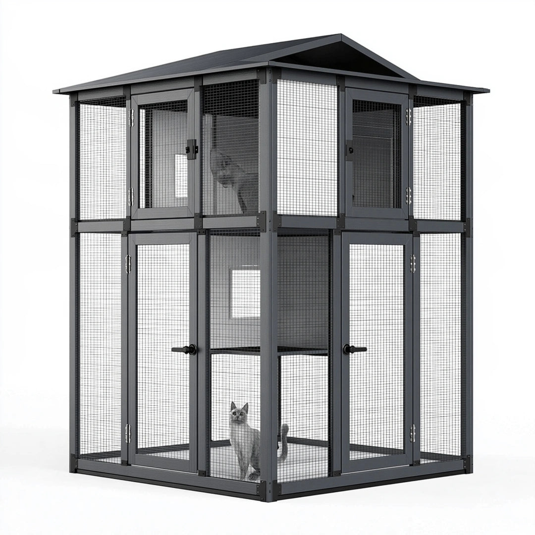 Katzengehege 180 x 120 x 220 cm Schwarz Metallgitter mit Dach und Türen