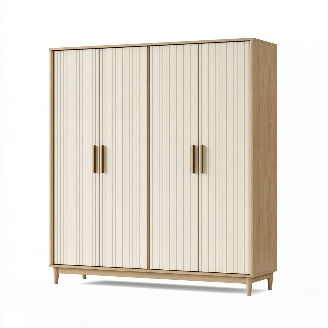 Kleiderschrank 160 x 55 x 200 cm Holzwerkstoff Naturweiß mit 4 Türen im skandinavischen Stil