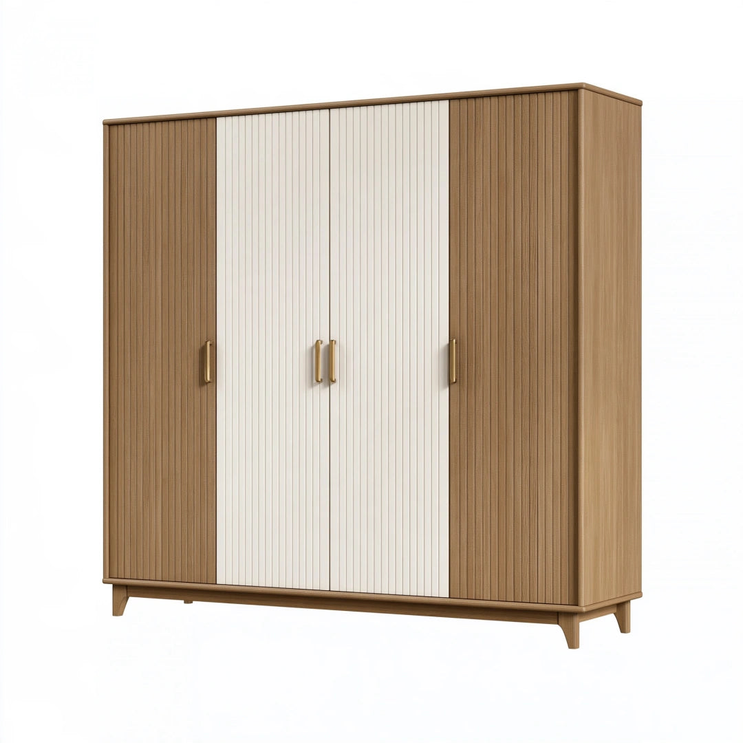 Kleiderschrank 200 x 60 x 200 cm Holzoptik Braun Weiß geriffelte Front 4 Türen