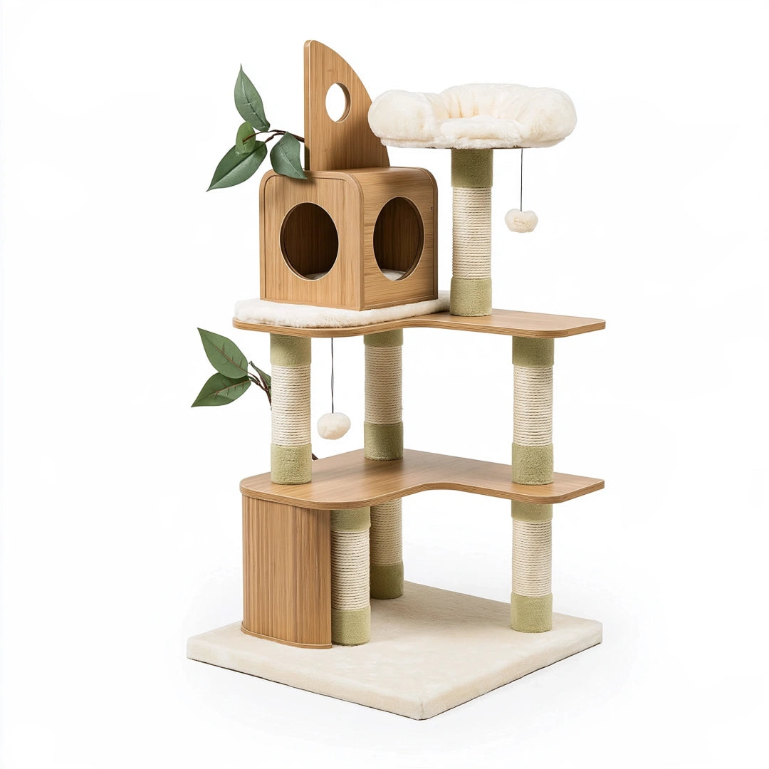 Kratzbaum 80 x 60 x 150 cm Holz Sisal Creme Grün für Katzen mit Höhle und Liegeflächen
