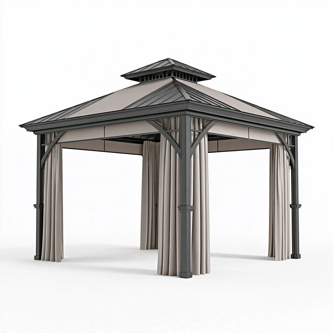 Gartenpavillon 300 x 300 x 300 cm Metall Grau mit Seitvorhängen für den Außenbereich