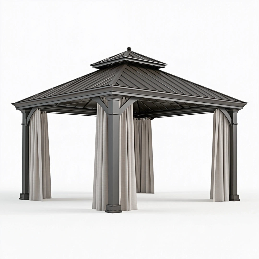Pavillon 300 x 300 cm aus Metall in Anthrazit mit Vorhängen und Walmdach