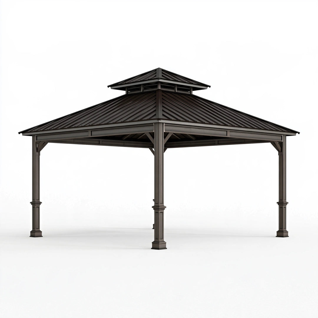 Gartenpavillon 400 x 400 x 310 cm aus Metall dunkelgrau mit belüftetem Doppeldach