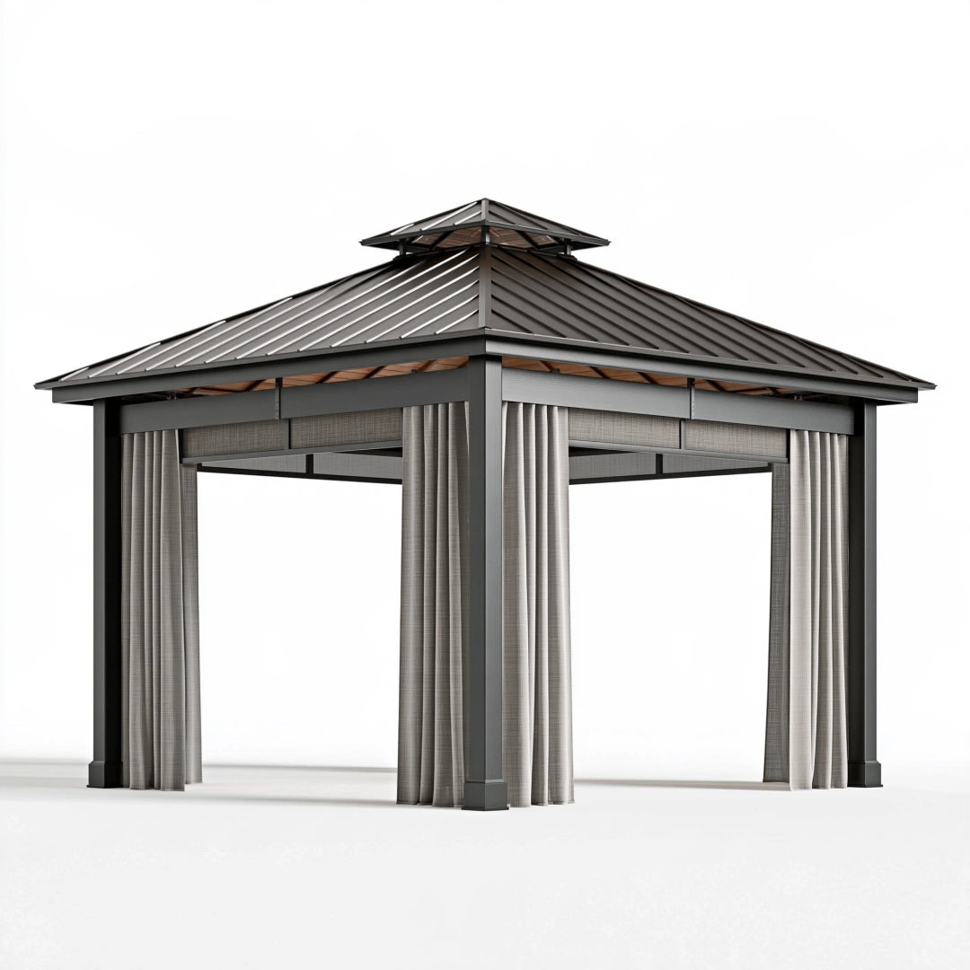 Gartenpavillon 300 x 300 cm Metall Anthrazit mit Vorhängen und Belüftungsdach