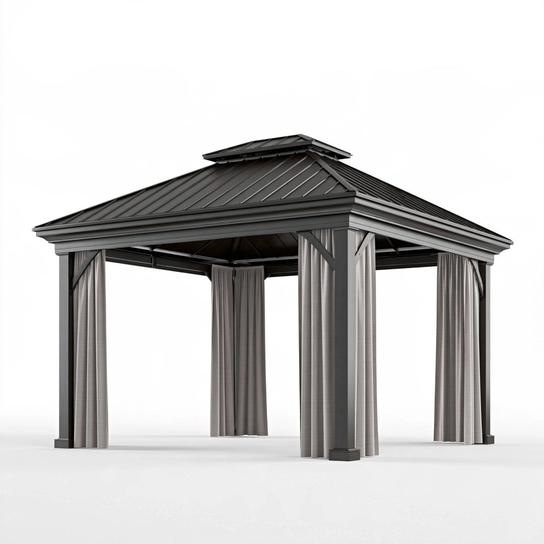 Pavillon 300 x 300 x 300 cm aus Metall in Anthrazit mit Vorhängen und Dach