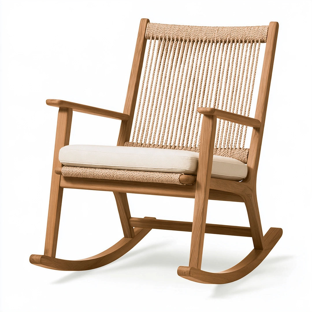 Schaukelstuhl 95 x 70 x 105 cm aus Holz in Holzbraun und Beige mit Seilbespannung